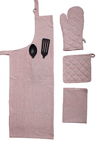 Woven stripe Kitchen Linen set of Apron,Oven Mitt,Pot Holder and Dish towel