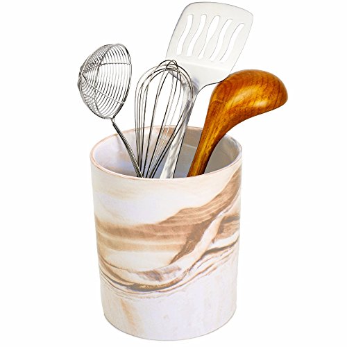 Porcelain Kitchen Utensil Holder 7 Inches Tall - Desert Brown Decorative Marble Crock Utensils Holder, Art and Office Supplies Holder - By Marbelous