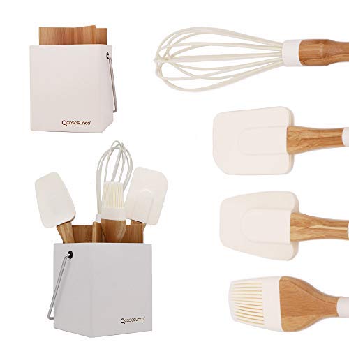 Cooking Utensil Set of 4 with Holder– Beech Wood & Silicone – Practical Heat-Resistant Non-stick Durable – Brush, Spoonula, Whisk… by CASASUNCO (Brown)