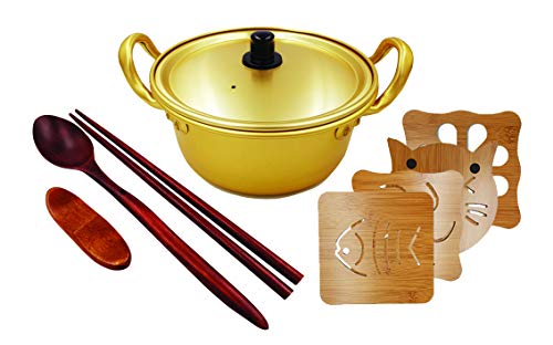 Happy Household Korean Noodle Ramen Pot 6.3 (16cm) + Wooden Chopstick + Pot Holder or (Pot + 1 Chopstick + Pot holder (flower))