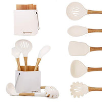 Cooking Utensil Set of 5 with Holder– Beech Wood & Silicone – Practical Professional Heat-Resistant Non-stick Durable - Turner, Spoon, Ladle… (Creamy White)