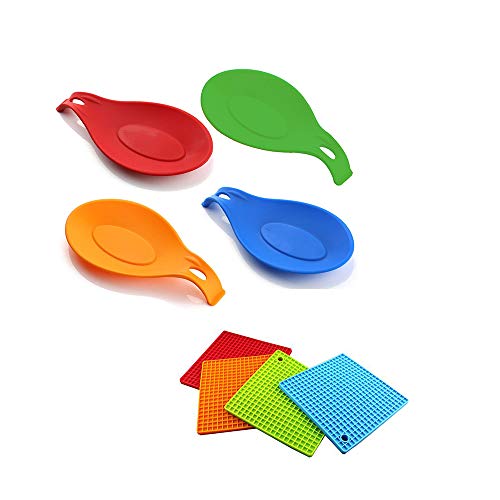 Yahpetes Silicone Spoon Rest 7.7" Silicone Holder Mat and 6.9" Silicone Pot Holder Kitchen Insulated Silicone Drying Mat Heat Resistant Placemat Spoon Pad(Silicone pot holders and spoon rest)
