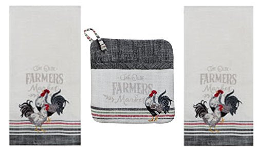 Farmers Market Kitchen Towel - Potholder Bundle, 2 Gray Striped Heavyweight Kitchen Towels with Embroidered Roosters and Matching Pocket PotHolder