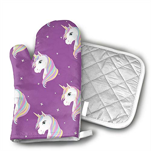 Unicorn in Purple Oven Mitts Kitchen Gloves and Pot Holders 2pcs for Kitchen Set with Cotton Neoprene Silicone Non-Slip Grip,Heat Resistant,Oven Gloves for BBQ Cooking Baking Grilling