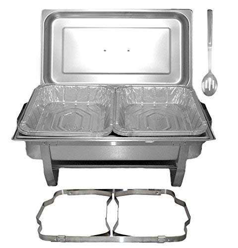 Tiger Chef 8 Quart Full Size Stainless Steel Chafer with Folding Frame and Cool-Touch Plastic on top - includes 6 Disposable Half Size Pans and a Slotted Spoon