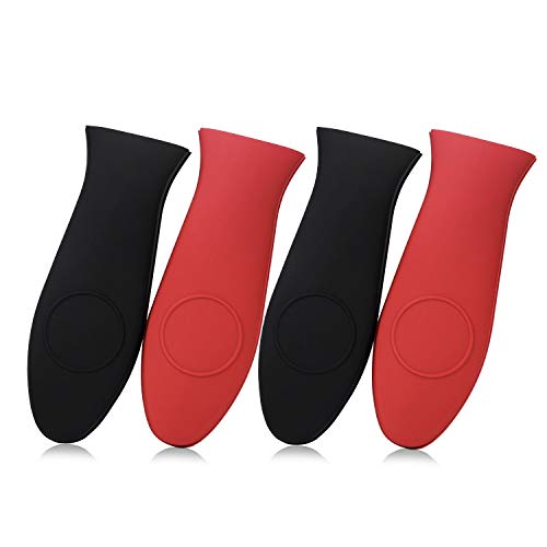 Juland 4 Packs Silicone Hot Handle Holder Set Kitchen Heat Resistant Pot Sleeve Grip Handle Cover Potholder - Black & Red