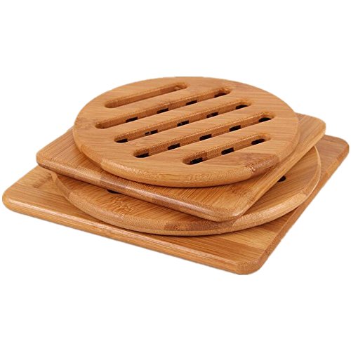 Natural Bamboo Trivet Mat Set, Kitchen Wood Hot Pads Trivet, Heat Resistant Pads for Hot Dishes/Pot/Bowl/Teapot/Hot Pot Holders, Anti-Hot Non-Slip Durable,Square and Round (Pack of 4), by MUWENTY