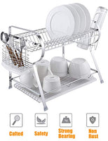 2 Tier Kitchen Dish Drying Rack Stainless Steel Rustproof Dish Utensils Drainer Dish Drying Rack Organizer with Spoon Fork Holder with White PP Plastic Drainboard R-Shape