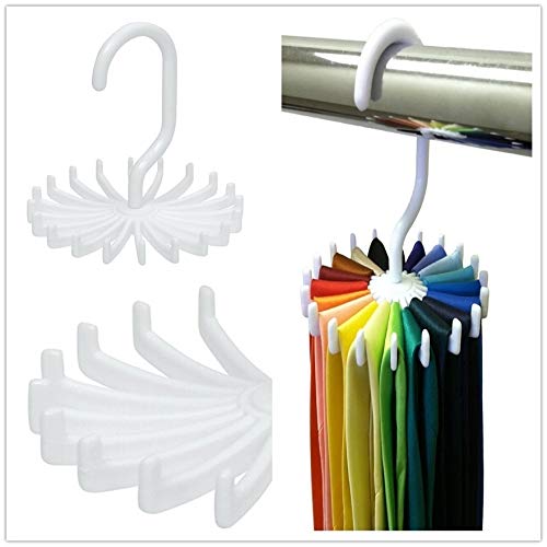 AppleLand Hoomall Mini Plastic Tie Rack 20 Ties/Belts/Scarves Holds Hanger Rotating Hook White Tie Holder Storage Racks Laundry Or