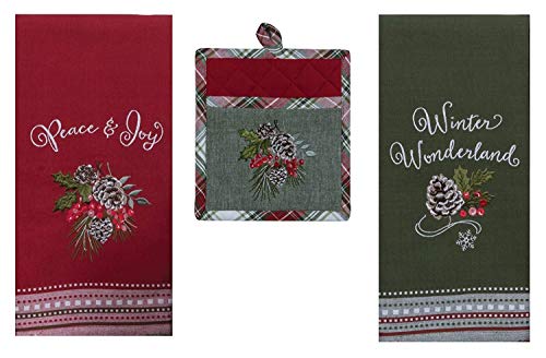 Christmas Woodland Kitchen Towels and Pocket Pot Holder Bundle – Pinecones Holly