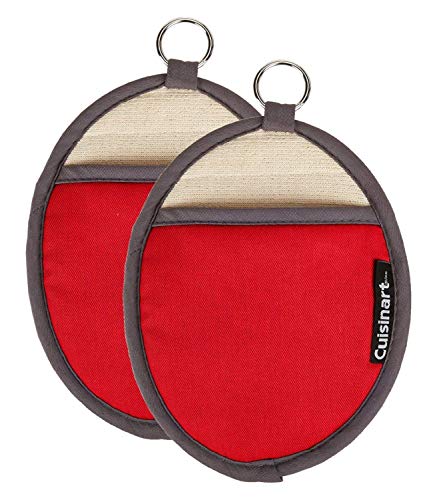 Cuisinart Silicone Oval Pot Holders and Oven Mitts - Heat Resistant, Handle Hot Oven / Cooking Items Safely - Soft Insulated Pockets, Non-Slip Grip and Convenient Hanging Loop- Red, Pack of 2 Mitts