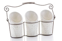 Kitchen Utensil Holders (4 Pieces) - 3 Ceramic Utensil Crocks (4" Dia x 7" H each) & 1 Metal Caddy - White & Embossed Design