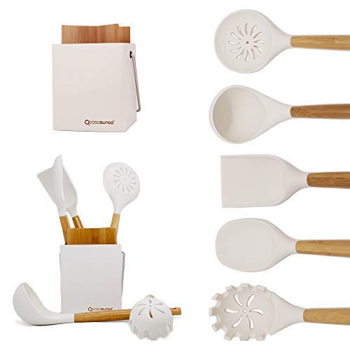 Cooking Utensil Set of 5 with Holder– Beech Wood & Silicone – Practical Professional Heat-Resistant Non-stick Durable - Skimmer, Spoon, Ladle… by CASASUNCO (Sky Blue)