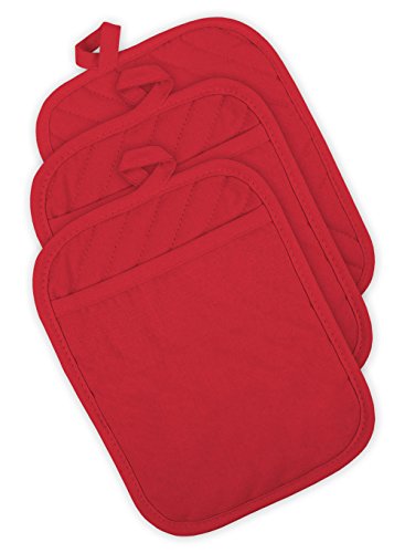 DII Cotton Quilted Pocket Pot Holder, 7x9" Set of 3, Heat Resistant Machine Washable Kitchen Trivet Hot Pads for Cooking & Baking-Tango Red