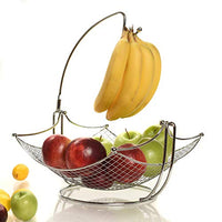 Fruit Basket + Banana holder, Elegant Fruit Bowl with Banana Tree Hanger, Chrome or Black for the classic look (chrome)