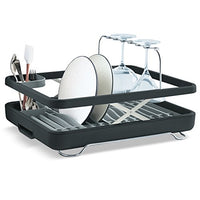 KOHLER Large Collapsible & Storable Dish Drying Rack with Wine Glass Holder and Collapsible Utensil Band. Even Made to Hold Pots and Pans, Charcoal