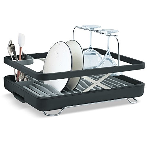 KOHLER Large Collapsible & Storable Dish Drying Rack with Wine Glass Holder and Collapsible Utensil Band. Even Made to Hold Pots and Pans, Charcoal