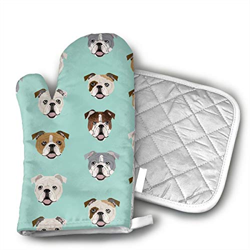 Ubnz17X English Bulldog Faces Oven Mitts and Pot Holders for Kitchen Set with Cotton Non-Slip Grip,Heat Resistant