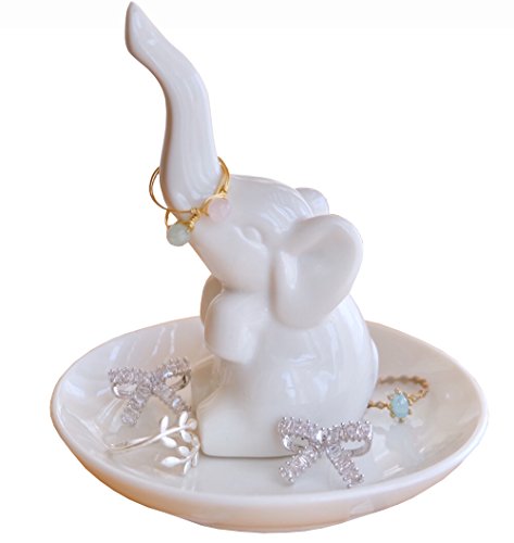 PUDDING CABIN Elephant Ring Holder Jewelry Tray for Wedding Birthday, White