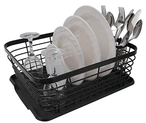 TQVAI Kitchen Dish Drainer Drying Rack with Drip Tray and Full-Mesh Silverware Storage Basket, Black