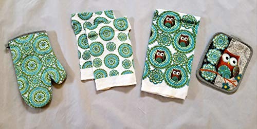 Owl Linen 5 Piece Bundle Package Oven Mitt (1) Pot Holders (1) Kitchen Towels (1) Dish Clothes (2) (#4345) D