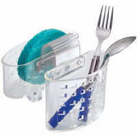 iDesign Plastic Kitchen Sink Saddle Protector Caddy, Flatware, Silverware, Utensils Organizer and Sponge Holder, 6" x 6.5" x 5.5" - Clear