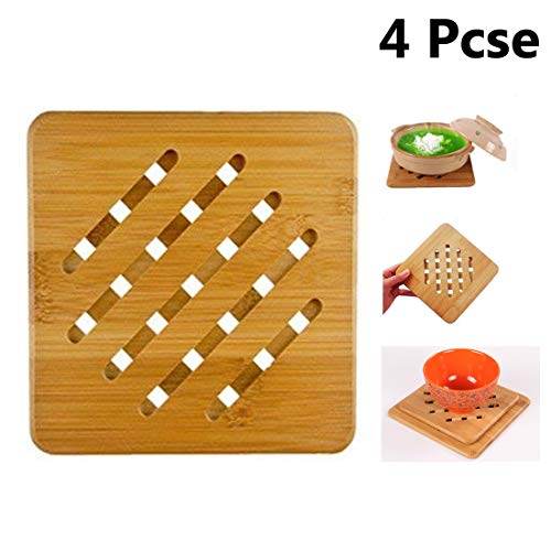 Bamboo Trivet Mat Set, Heavy Duty Hot Pot Holder Pads Coasters, Perfect for Modern Home Kitchen Decor, Set of 4, 7" Square
