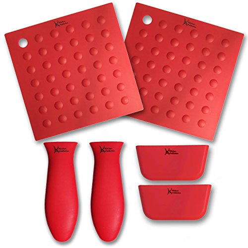 6 Piece Silicone Kitchen Set - Kitchen Addiction 2 Hot Handle Holders, 2 Trivet/Potholder/Grippers, 2 Assist Handles Set (Red)