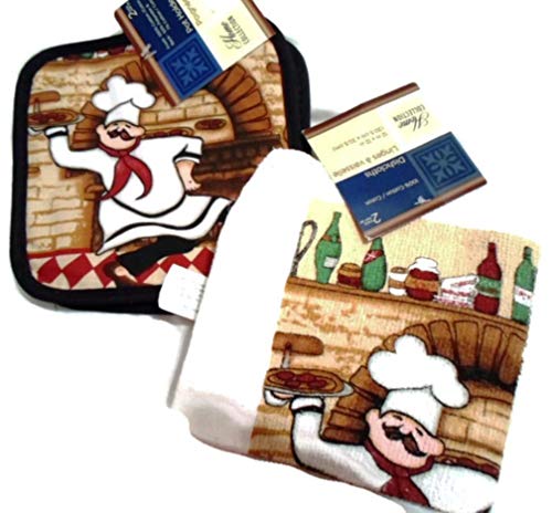 Home Collection Italian Fat Chef Pot Holders Dish Towels Kitchen Set of 4