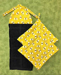 Bumble Bees on Yellow Ties on Kitchen Hanging Hand Dish Towel and Set of 2 Square Pot Holders Hot Pads Trivets