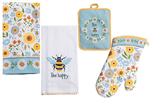 Bee Themed Kitchen Linens Set: Bundle Includes 1 Oven Mitt, 1 Potholder, 2 Kitchen Towels in a Garden Bee Happy Design