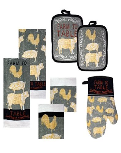 Country Theme Farm to Table Kitchen Towels, Dish Cloths, Pot Holders and Mitt ~ Large Set