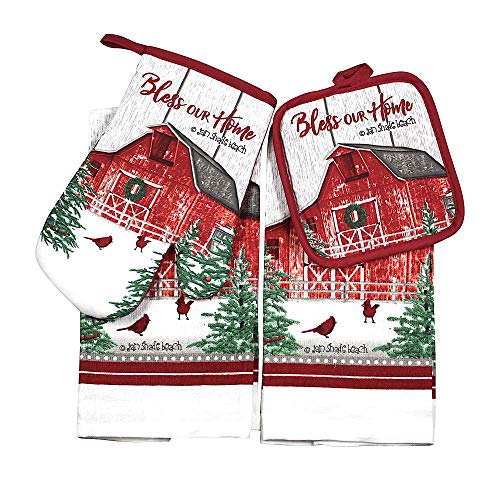 Whiskey Mountain Holiday Farmhouse Kitchen Towel and Pot Holder Set: Country Red Barn in Winter with Cardinals