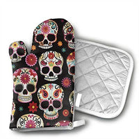 Novelty Sugar Skull Oven Mitts Kitchen Gloves and Pot Holders 2pcs for Kitchen Set with Cotton Neoprene Silicone Non-Slip Grip,Heat Resistant,Oven Gloves for BBQ Cooking Baking Grilling