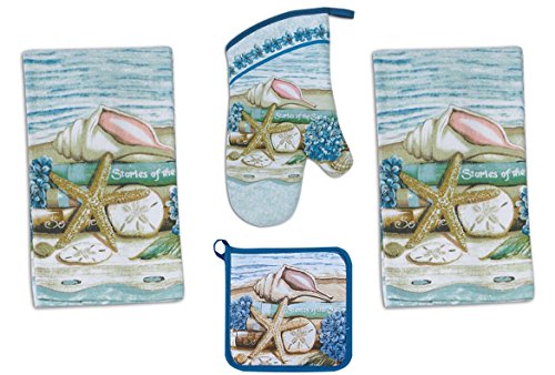 4 Piece Stories of the Sea Kitchen Set / Bundle - 2 Terry Towels, Oven Mitt, Potholder