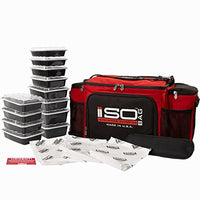 Isolator Fitness 6 Meal ISOBAG Meal Prep Management Insulated Lunch Bag Cooler with 12 Stackable Meal Prep Containers, 3 ISOBRICKS, and Shoulder Strap - Made in USA (Red/Black)