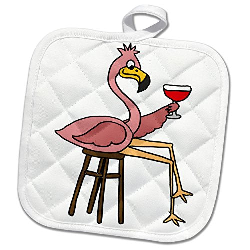 3D Rose Funny Pink Flamingo On Bar Stool Drinking Red Wine Pot Holder, 8 x 8