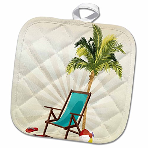 3D Rose One Palm Tree with A Beach Lounge Chair and Flip Flops Design Pot Holder, 8 x 8