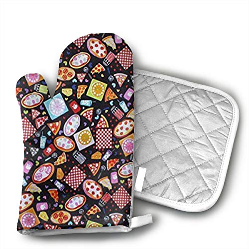Ubnz17X Mini Morsels Pizza Lover Oven Mitts and Pot Holders for Kitchen Set with Cotton Non-Slip Grip,Heat Resistant