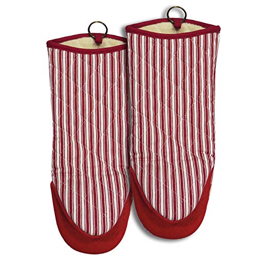 Oven Mitts 1 Pair Neoprene Handle Fade proof Yarn Dyed Striped Heat Resistant 470 Degree kitchen 100% Cotton Gloves Pot Holders Women Men Cooking Barbecue BBQ Microwave Machine Washable (Red1)