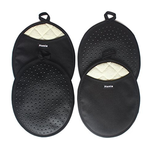 Honla 4 Piece Oval Pot Holders with Pockets,Heat Resistant to 500 F,Flexible Non Slip Silicone Grip Hot Pads,Black