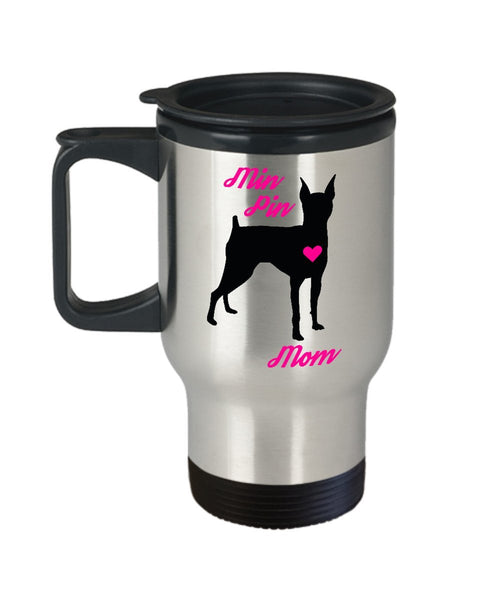 Min Pin Mom Travel Mug - Insulated Portable Coffee Cup With Handle & Lid - Best Christmas Gift Idea For Women Miniature Doberman Pinscher Dog Lovers - Novelty Mini Pet Quote Statement Accessories