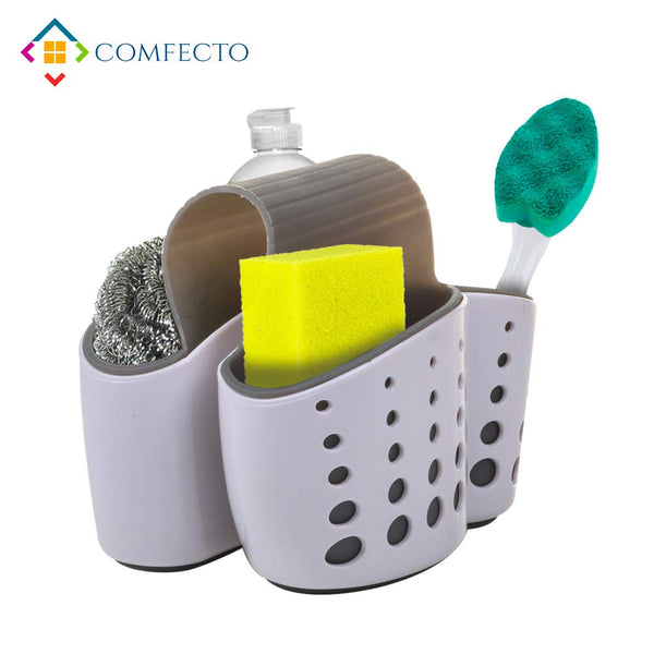 Hanging Kitchen Sink Sponge Holder Caddy Scrubber on Faucet with Dual Compartment Non-Slip Grip - Comes with Drain Holes for Sanitary Drying Adjustable Strap Premium TPR ABS