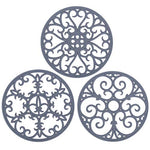 Non Slip Silicone Carved Trivet Mats Set For Dishes Pot Holders- Heat Resistant Coasters-Modern Kitchen Hot Pads For Pots & Pans | (Round, Set of 3, Grey)