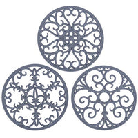 Non Slip Silicone Carved Trivet Mats Set For Dishes Pot Holders- Heat Resistant Coasters-Modern Kitchen Hot Pads For Pots & Pans | (Round, Set of 3, Grey)