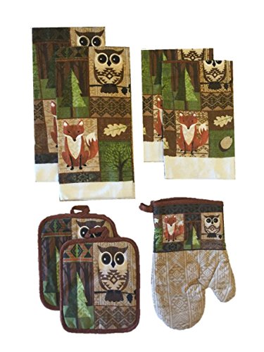 Owl and Fox in Forest 7 Piece Kitchen Towel Set - 2 Towels, 2 Pot Holders, 2 Dishcloths, 1 Oven Mitt