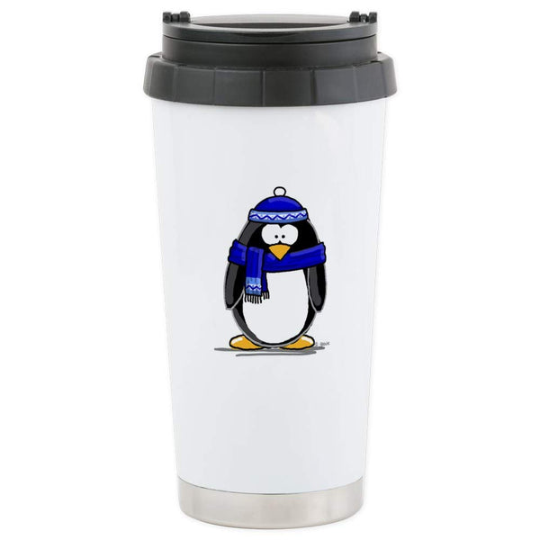 CafePress Blue Scarf Penguin Stainless Steel Travel Mug Stainless Steel Travel Mug, Insulated 16 oz. Coffee Tumbler