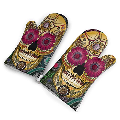 Dead Sugar Skull Picture Oven Mitts - Heat Resistant to 500?? F,1 Pair of Non-Slip Kitchen Oven Gloves for Cooking,Baking,Grilling,Barbecue Potholders