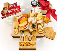 Bamboo Cheese Board Set With 4 x Cheese Knives Cutlery in Slide Drawer PLUS FREE Gift - 4 Piece Wine Coaster Set Beautifully Engraved with Stylish Holder LIMITED HOLIDAY SALE!