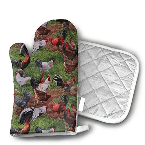 Xixioou Farm Animals Chickens Roosters Oven Mitts Kitchen Gloves and Potholder Kitchen Set,Heat Resistant,Oven Gloves and Pot Holders 2pcs Set for BBQ Cooking Baking Grilling